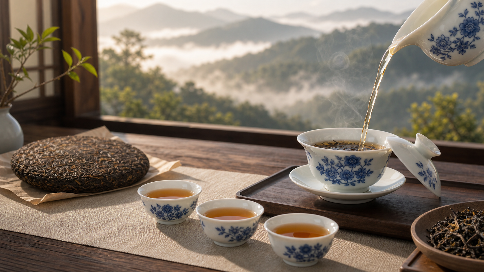 Blue-and-white porcelain tea cups brewing amber puer tea