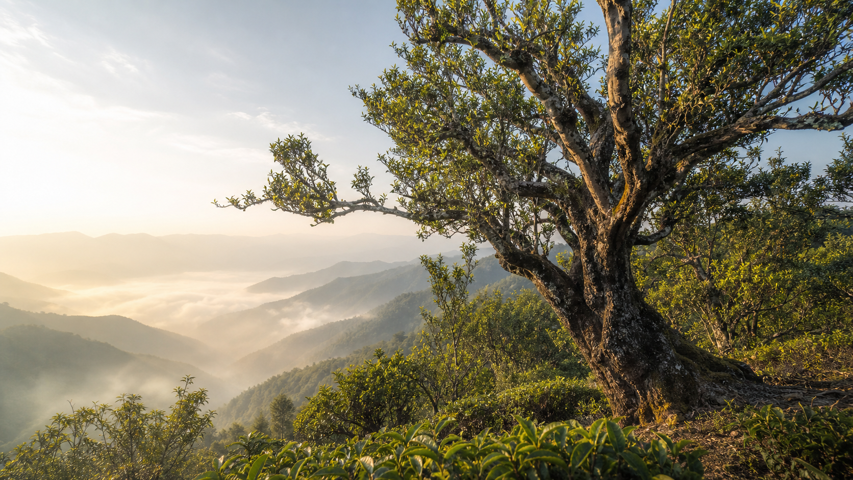 Ancient Yunnan tea tree in a misty mountain forest